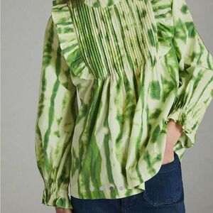 Green Tie-Dye Ruffle Blouse